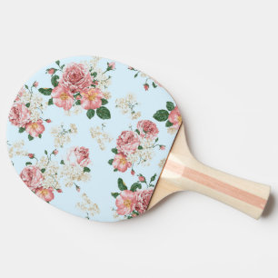 Pink and Cream on Blue Vintage Floral    Ping Pong Paddle