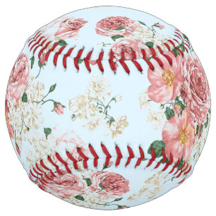 Pink and Cream on Blue Vintage Floral    Softball