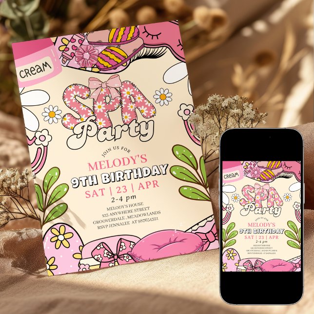 Pink and Cream Retro Daisy Spa Party Birthday  Invitation (Creator Uploaded)