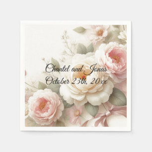 Pink and Cream Roses Peony Wedding Paper Napkins