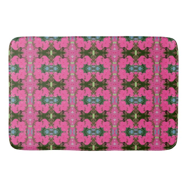 Pink and Dark Green Abstract Floral Pattern Bath Mat (Front)