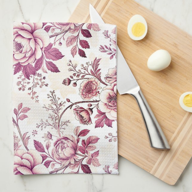 pink and dark red flowers kitchen towel (Quarter Fold)