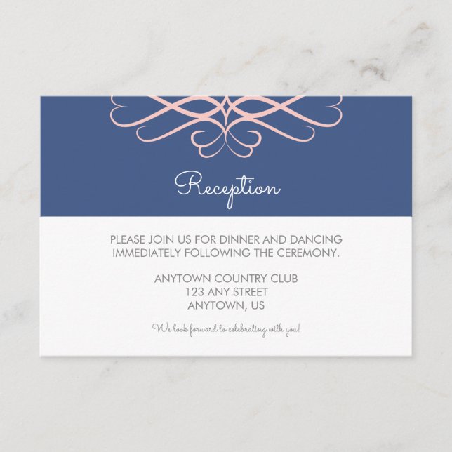 Pink and Denim Blue, Elegant Flourishes Wedding Enclosure Card (Front)