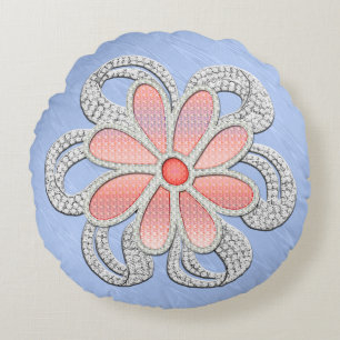 Pink and Diamond Jewelled Flower on Blue Moiré Round Pillow