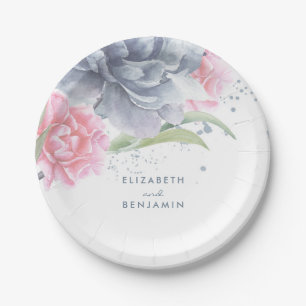 Pink and Dusty Blue Floral Watercolor Wedding Paper Plate