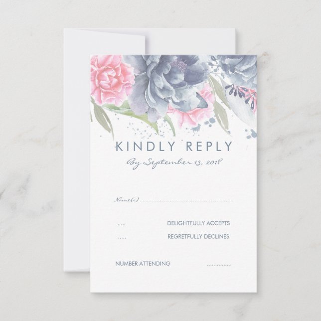 Pink and Dusty Blue Flowers Wedding RSVP (Front)