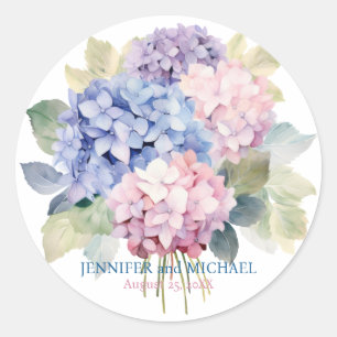 Pink and Dusty Blue Hydrangeas Wedding Circle Classic Round Sticker