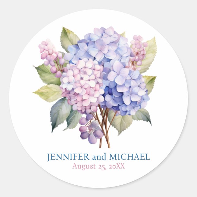 Pink and Dusty Blue Hydrangeas Wedding Circle Classic Round Sticker (Front)