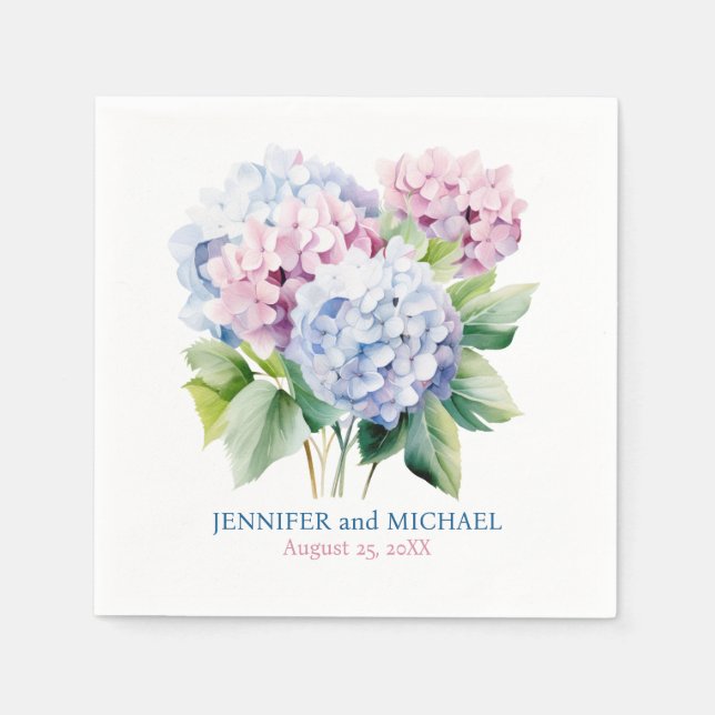 Pink and Dusty Blue Hydrangeas Wedding Napkin (Front)