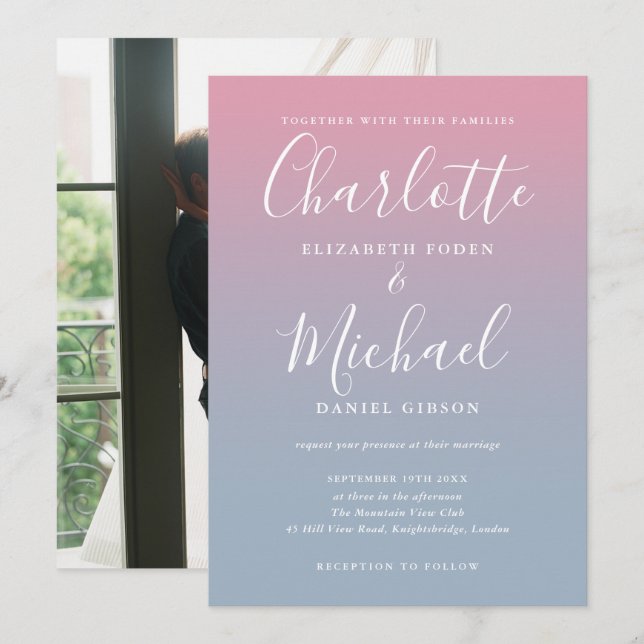 Pink And Dusty Blue Ombre Photo Wedding Invitation (Front/Back)