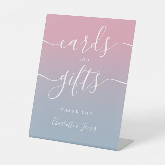 Pink And Dusty Blue Ombre Script Cards And Gifts Pedestal Sign (Front)