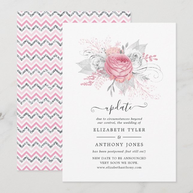 Pink and Faux Foil Silver Floral Wedding Update Invitation (Front/Back)