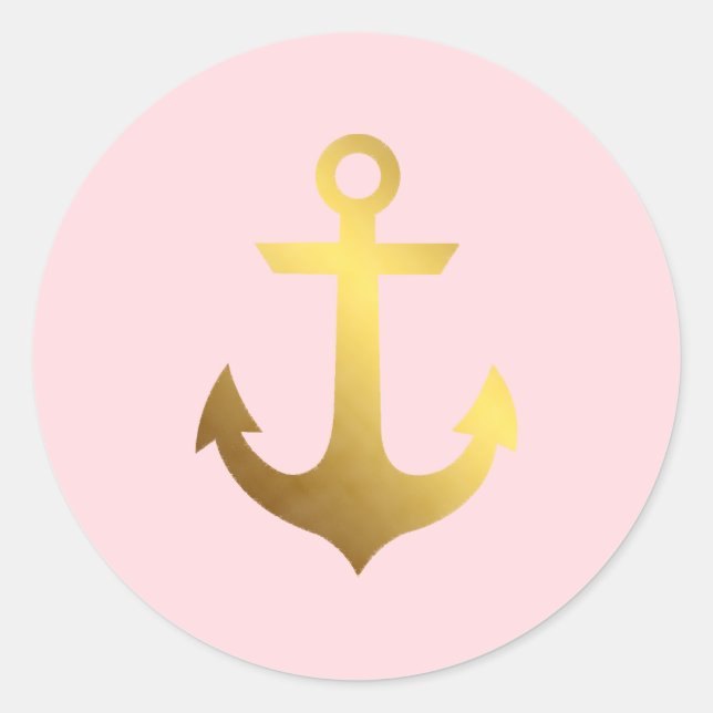 Pink and Faux Gold Foil Anchor Classic Round Sticker (Front)