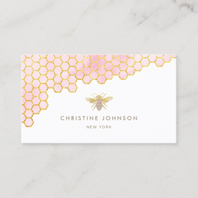 pink and faux gold foil bee business card (Front)