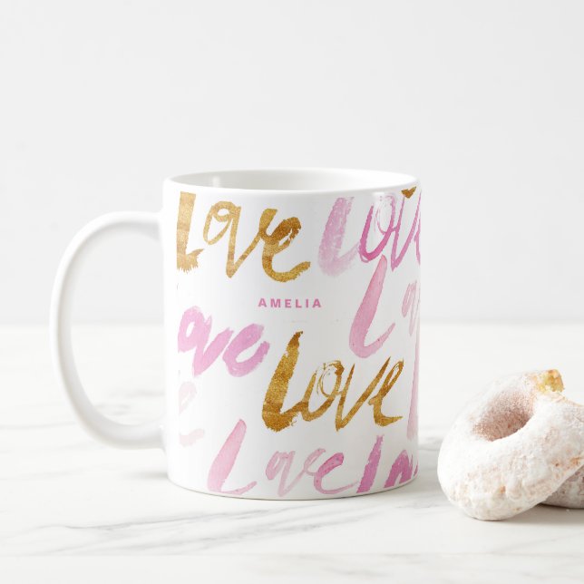 Pink and Faux Gold Foil Love Rustic Typography Cus Coffee Mug (With Donut)