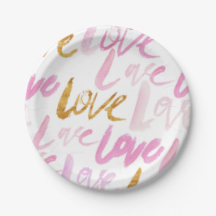 Pink and Faux Gold Foil Love Typography Pattern Paper Plate