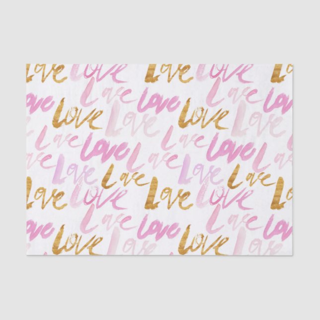 Pink and Faux Gold Foil Love Valentines Pattern Tissue Paper (Front)