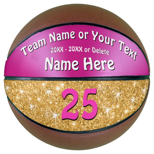 Pink and faux Gold Glitter Personalized Basketball (Front)