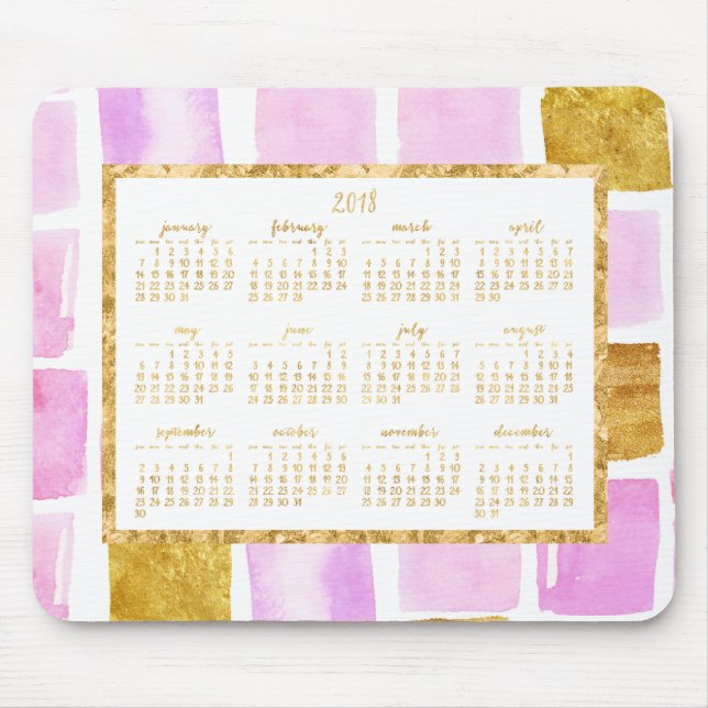 Pink And Faux Gold Yearly 2018 Calendar Mouse Pads (Front)