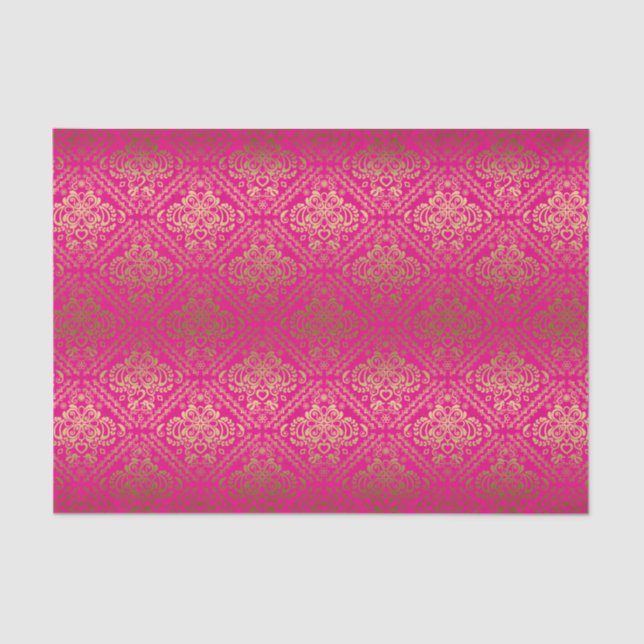 Pink And Faux Metallic Gold Floral Damasks Tissue Paper (Front)