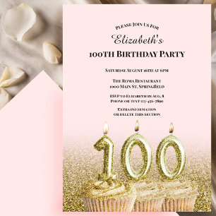 Pink and Gold 100th Birthday Invitation For Her