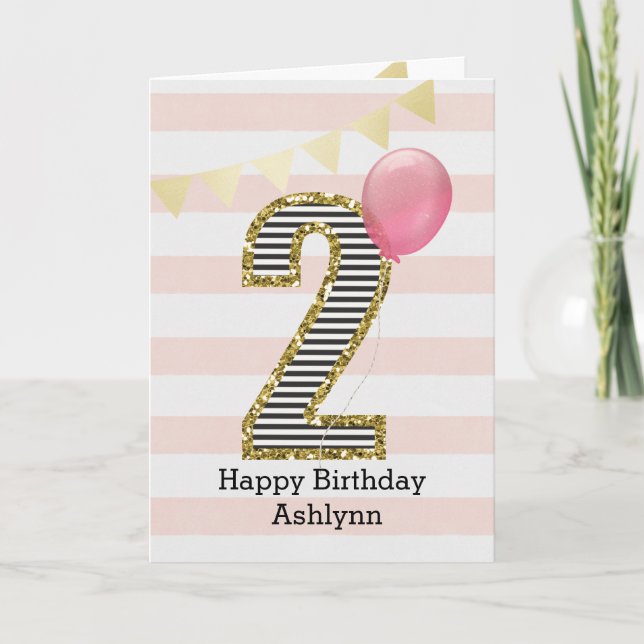 Pink and Gold 2nd Birthday Girl Card (Front)
