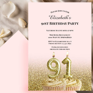 Pink and Gold 91st Birthday Invitation For Her