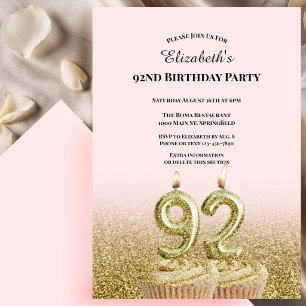 Pink and Gold 92nd Birthday Invitation For Her