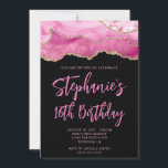 Pink and Gold Agate Black Bold 16th Birthday Invitation<br><div class="desc">A modern,  glamourous handwritten style bold script 16th birthday invitation for her. 
You can customize this invite for another milestone birthday celebration.
The features a gold glitter and pink agate digital art graphic image that prints like a photo.
The background and font colours are customizable.</div>