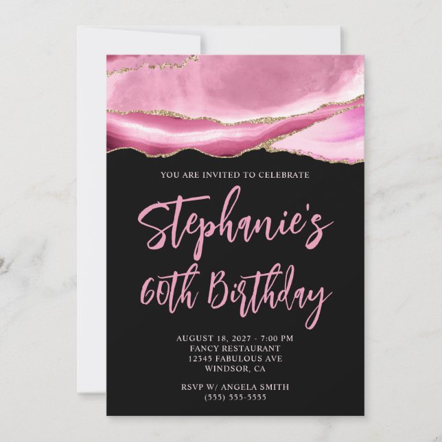 Pink and Gold Agate Black Bold 60th Birthday Invitation (Front)