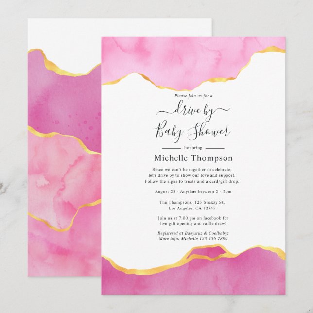 Pink and Gold Agate Drive By Shower Invitation (Front/Back)