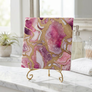 Pink and Gold Agate Geode Abstract Resin Art Tile