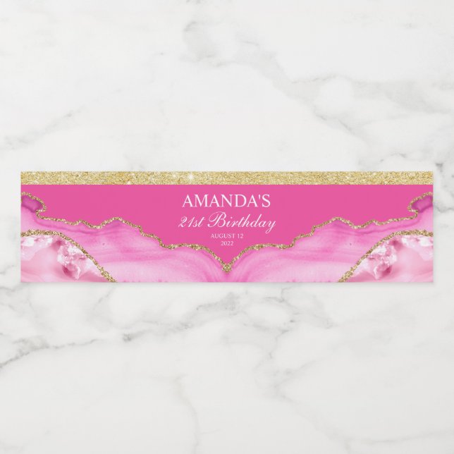 Pink and Gold Agate Marble Water Bottle Label (Single Label)