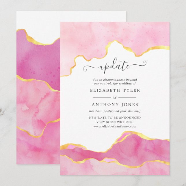 Pink and Gold Agate Wedding Update Invitation (Front/Back)