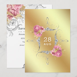 Pink and Gold and Silver Floral Diamond Wedding Sa Save The Date