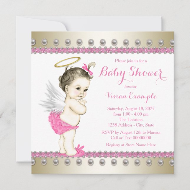 Pink and Gold Angel Baby Shower Invitation (Front)
