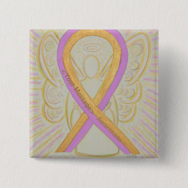 Pink and Gold Awareness Ribbon Angel Button Pins (Front)