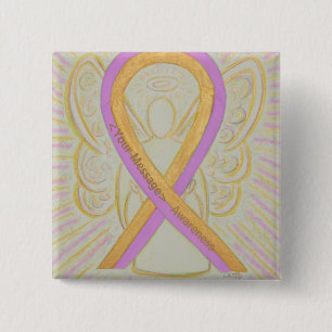 Pink and Gold Awareness Ribbon Angel Button Pins