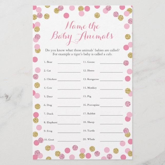 Pink and Gold Baby Shower Baby Animal Name Game (Front)
