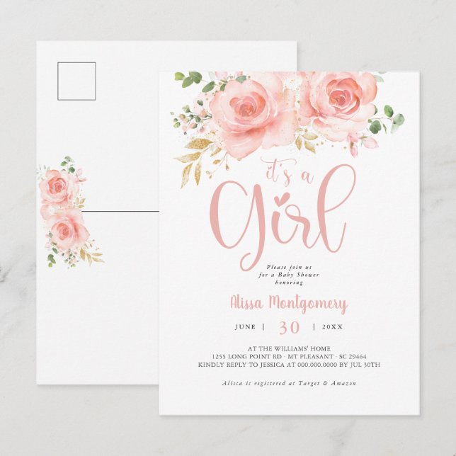 Pink and Gold Baby Shower Girl Postcard (Front/Back)
