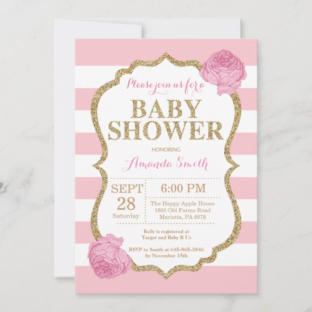 Pink and Gold Baby Shower Invitation Glitter (Front)