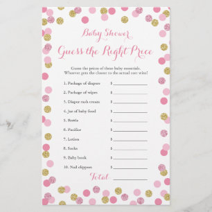 Pink and Gold Baby Shower Price Right Game Card