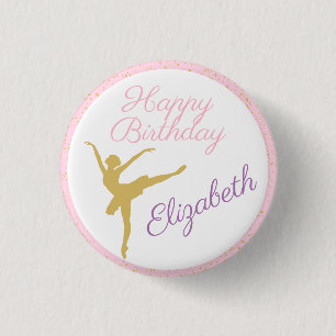 Pink and Gold Ballerina Birthday 1 Inch Round Button