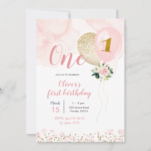 Pink and Gold Balloon Girl First Birthday Invitati Invitation (Front)