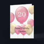 Pink and Gold Balloons 20th Birthday Card<br><div class="desc">Personalized pink and gold 20th birthday card for her,  which features pink and gold balloons on the front of this modern 20th birthday card.</div>