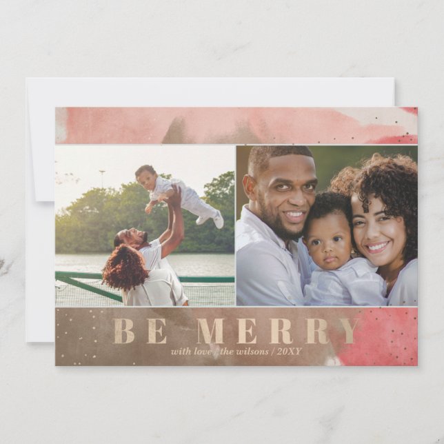 Pink and Gold Be Merry Abstract Multiple Photo Holiday Card (Front)
