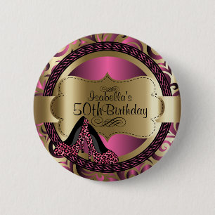 Pink and Gold Birthday with Leopard High Heels 2 Inch Round Button