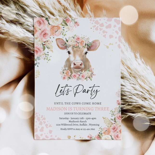 Pink And Gold Boho Florals Cow Birthday Party  Invitation (Creator Uploaded)
