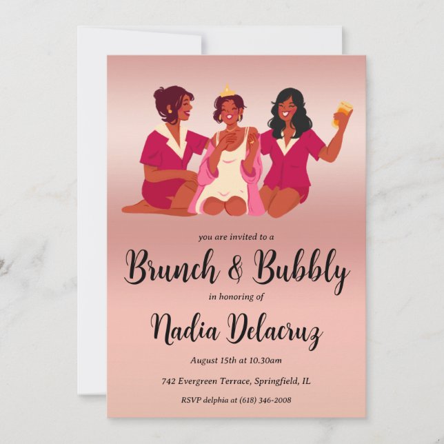 pink and gold brunch and bubbly bridal shower invitation (Front)