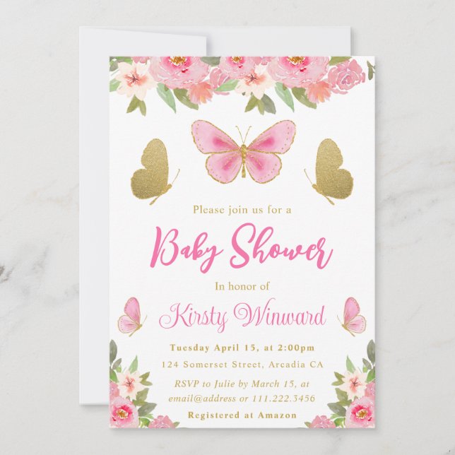 Pink and Gold Butterfly Floral Girl Baby Shower Invitation (Front)